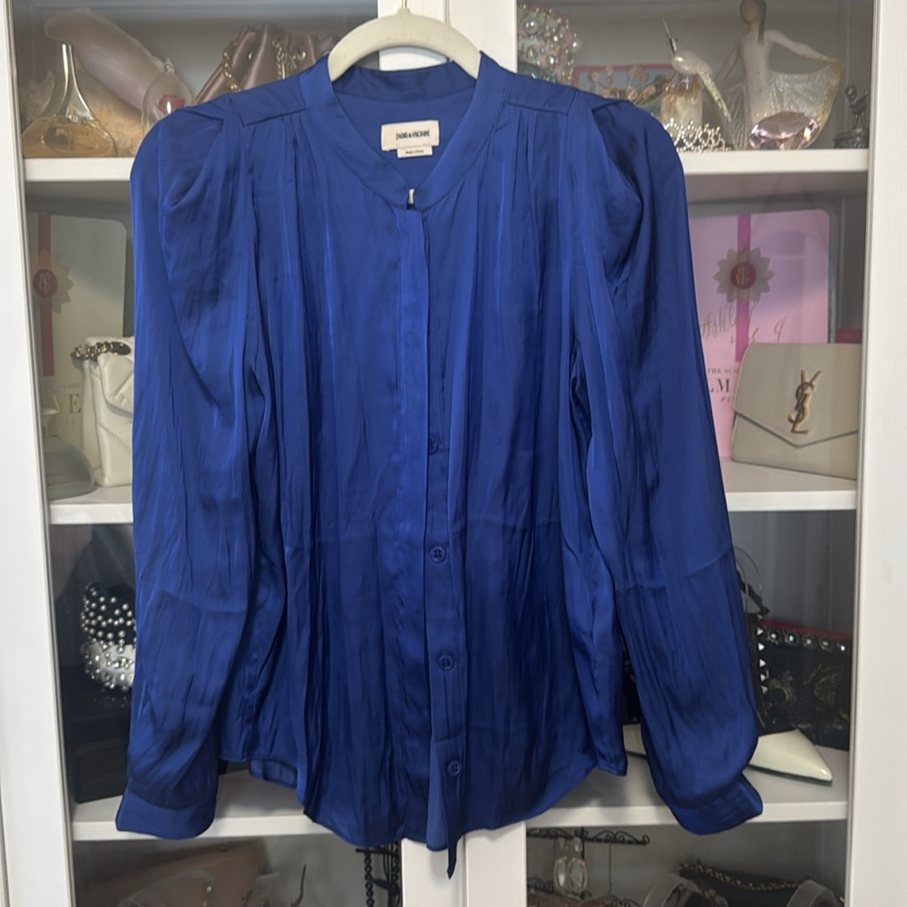 Zadig & Voltaire Touchy Satin Blouse XS Blue Rhinestone Cuff Button Up Silky - Picture 3 of 7